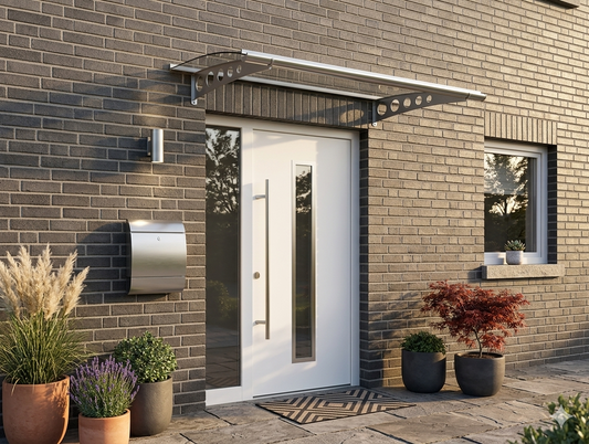 Modernes Haustürvordach aus Aluminium mit VSG-Echtglas in Anthrazitgrau RAL 7016 – freitragende Konstruktion für den Hauseingang