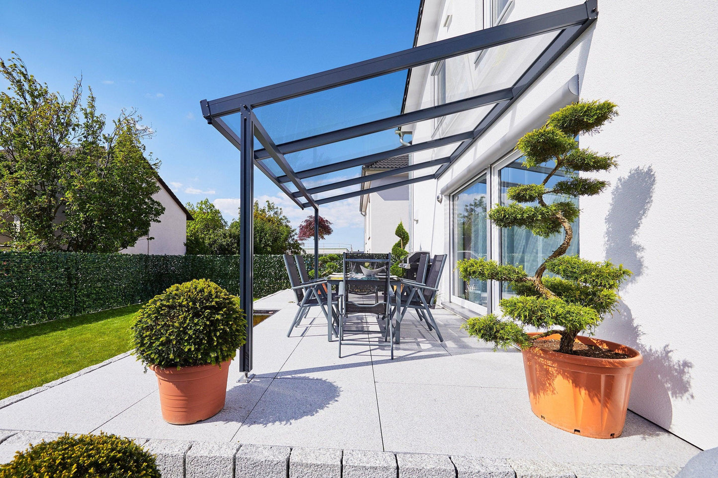 Deluxe Terrassendach 5 x 3 VSG Sicherheitsglas 10mm klar - HomeSystems-Bauelemente