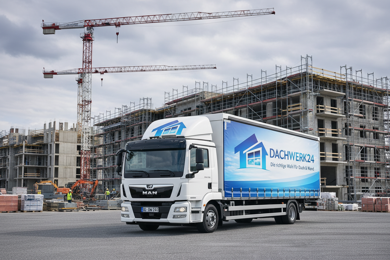 Dachwerk24 LKW vor Großbaustelle